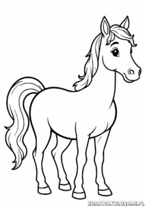 Kolorowanka przedstawiająca kucyka stojącego z długą grzywą i ogonem