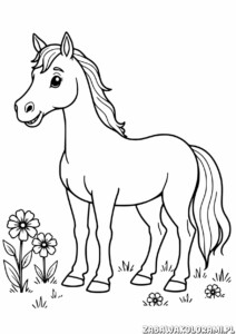 Kolorowanka przedstawiająca konia na łące z kwiatami i roślinami