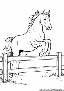 Kolorowanka przedstawiająca konia skaczącego nad płotem