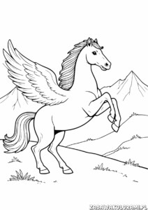 Kolorowanka przedstawiająca Pegaza w dynamicznej pozycji z rozpostartymi skrzydłami