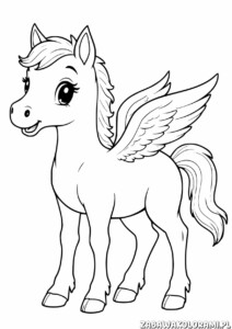 Kolorowanka przedstawiająca pegaza z rozłożonymi skrzydłami i przyjaznym wyrazem twarzy