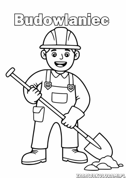 Budowlaniec Kolorowanka - wesoły budowlaniec z narzędziami