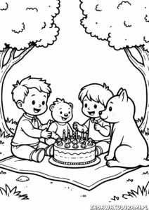 Darmowa Kolorowanka urodzinowa do druku - kolorowanka z urodzinowym ciastem i zwierzętami