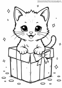 Darmowe Kolorowanki na urodziny z uśmiechającym się kotkiem w pudełku prezentowym