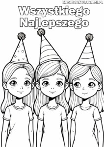 Darmowe Kolorowanki urodzinowe - trzy dziewczynki w kapeluszach z kwiatkami