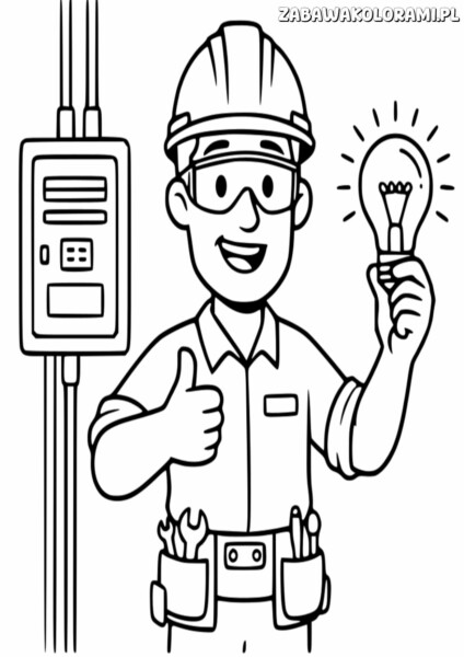 Elektryk Kolorowanka: zabawny elektryk z narzędziami i panelami elektrycznymi