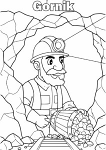 Górnik Kolorowanka - koloruj górnika z kaskiem i latarką w jaskini