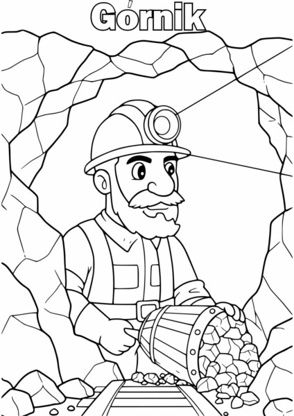 Górnik Kolorowanka - koloruj górnika z kaskiem i latarką w jaskini