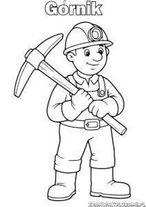 Górnik Kolorowanka: Górnik z latarką i kilofem gotowy do kolorowania.