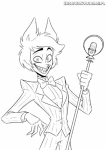 Hazbin Hotel Kolorowanka przedstawia postać z charakterystycznym fryzurem i mikrofonem