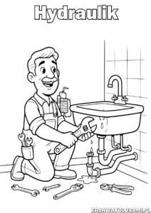 Hydraulik Kolorowanka - hydraulik naprawia rury w łazience.