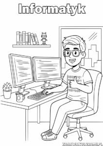 Informatyk Kolorowanka: Programista przy biurku z monitorami, klawiaturą i roślinką