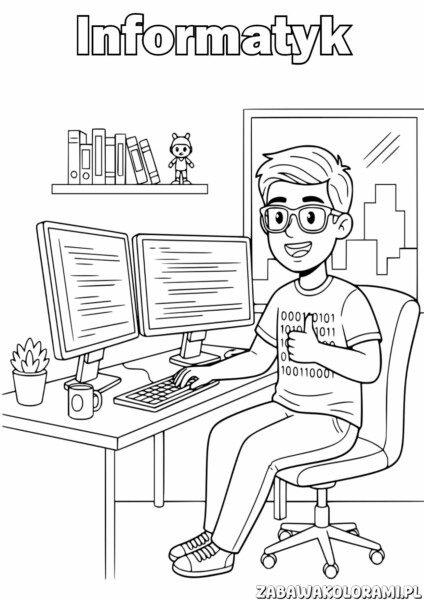 Informatyk Kolorowanka: Programista przy biurku z monitorami, klawiaturą i roślinką