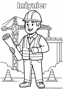 Inżynier Kolorowanka do druku - inżynier z planem budowy i dźwigiem na tle
