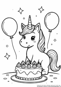Jednorożec – Kolorowanka urodzinowa do druku z tortem i balonami