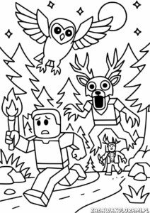 Kolorowanka 99 nocy w lesie przedstawia nocną przygodę w lesie z tajemniczymi postaciami i latującą sową