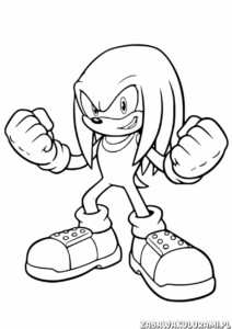 Kolorowanka przedstawia Knucklesa w dynamicznej pozie, gotowego do akcji.