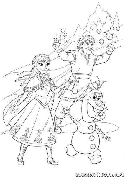 Kolorowanka Kraina lodu z postaciami Elsa, Anna i Olaf