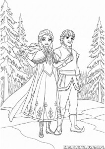 Kolorowanka Kraina lodu do druku z Anną i Kristoffem w zimowym pejzażu