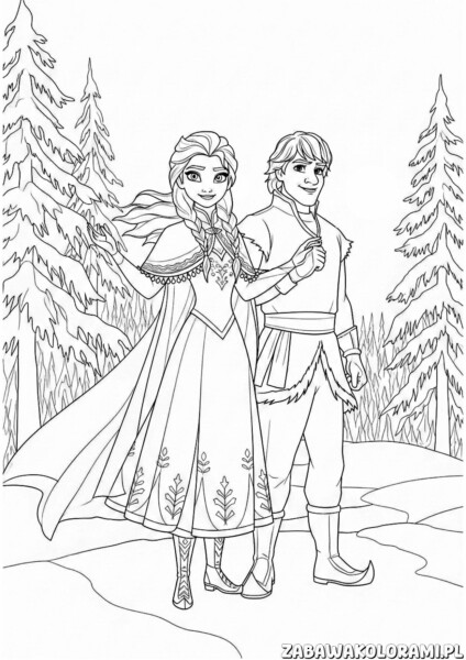 Kolorowanka Kraina lodu do druku z Anną i Kristoffem w zimowym pejzażu
