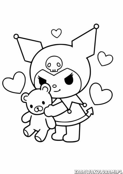 Kolorowanka Kuromi dla dzieci - Kuromi z misiem otoczona sercami