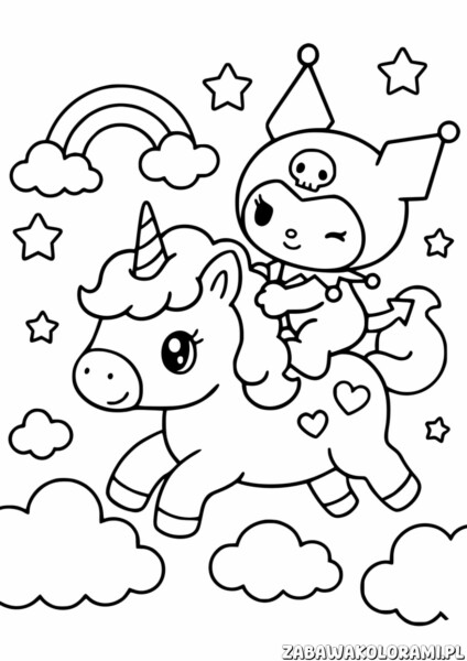 Kolorowanka Kuromi do wydruku przedstawiająca Kuromi w magicznej scenerii