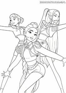 Kolorowanka Łowcy Demonów K-pop przedstawiająca trzy tańczące postacie w charakterystycznych strojach.