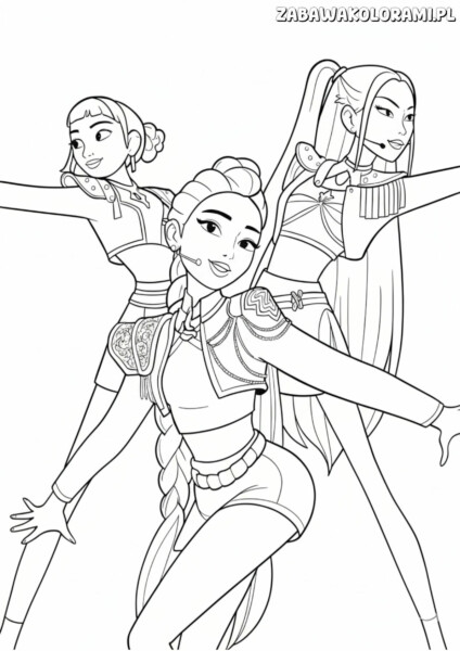 Kolorowanka Łowcy Demonów K-pop przedstawiająca trzy tańczące postacie w charakterystycznych strojach.