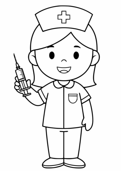 Kolorowanka Pielęgniarka do druku - pielęgniarka z uśmiechem trzymająca strzykawkę