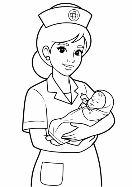 Kolorowanka Położna przedstawia opiekunkę z niemowlakiem