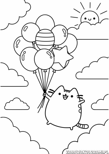 Kolorowanka Pusheen - Pusheen z balonami w niebie