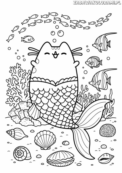 Kolorowanka Pusheen do druku przedstawia Pusheena z ogonem syreny w otoczeniu rybek i muszli