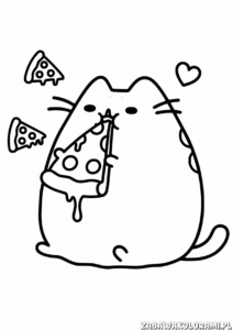 Kolorowanka Pusheen z pizza - Pusheen z pizzą i uśmiechem na twarzy