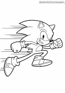 Kolorowanka przedstawia Sonica w dynamicznej pozie biegu z podniesioną ręką