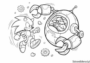 Kolorowanka przedstawia Sonica i Eggmana w mechanicznej scenie akcji