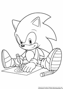 Kolorowanka Sonic rysujący na papierze z kredkami