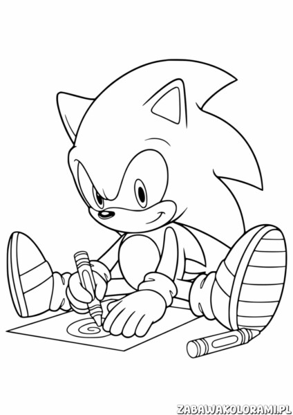 Kolorowanka Sonic rysujący na papierze z kredkami