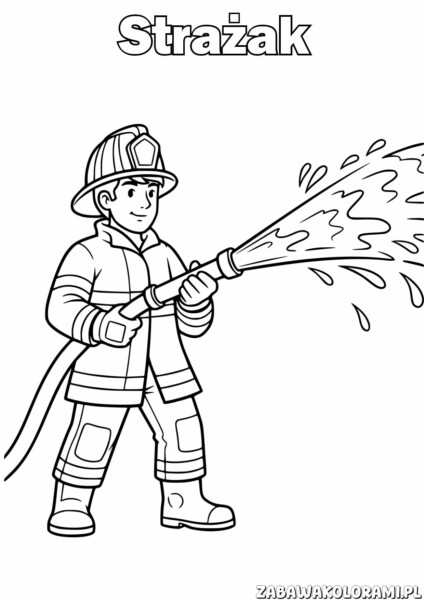 Kolorowanka Strażak do druku przedstawia strażaka w akcji z wężem pożarniczym