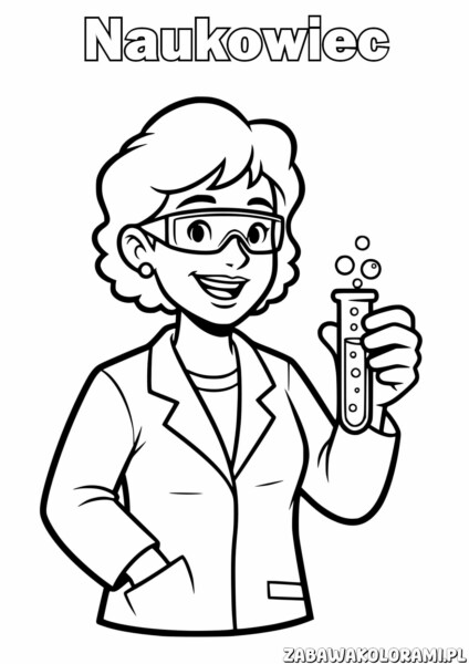 Kolorowanka naukowiec - naukowczyni w laborku z probówką