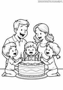 Kolorowanka tort urodzinowy z rodziną przy stole