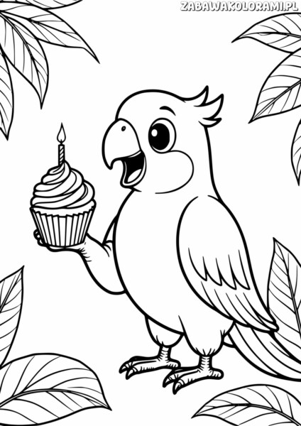 Kolorowanka urodzinowe do wydruku - Papuga z cupcake
