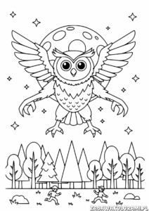 Kolorowanki 99 nocy w lesie - sowa, księżyc i las