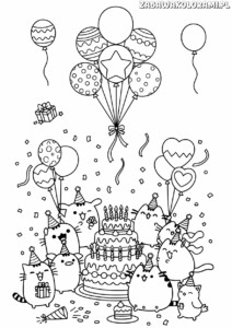 Kolorowanki Pusheen do druku przedstawiają Pusheena i koty w urodzinnej zabawie z balonami i tortem.