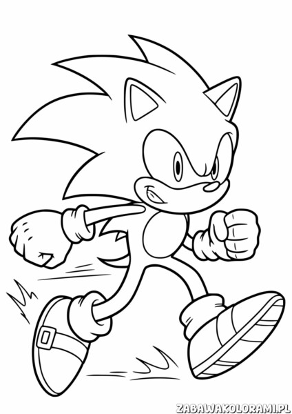 Kolorowanka przedstawia Sonic the Hedgehog w dynamicznej pozie biegu z charakterystycznymi kolcami i rękawiczkami.