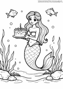 Kolorowanki na urodziny Ariel z tortem - kolorowanka z Ariel i tortem z świeczkami