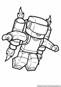 Kolorowanki Roblox - bohater z płomiennym hełmem i plecakiem w dynamicznej pozie