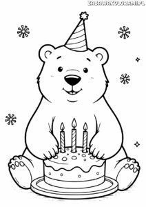 Kolorowanki urodzinowe - niedźwiedź z tortem i śnieżkami