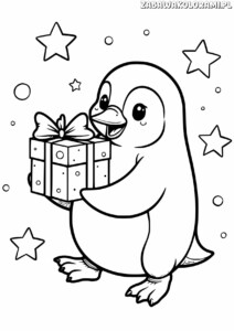 Kolorowanki urodzinowe – Pingwin z prezentem: pingwin z prezentem, kolorowanka urodzinowa