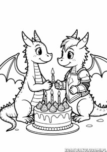 Kolorowanki urodzinowe do wydruku - smaszne smoki z tortem