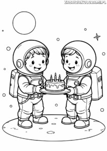 Kosmiczna Kolorowanka urodzinowa z astronautami i tortem